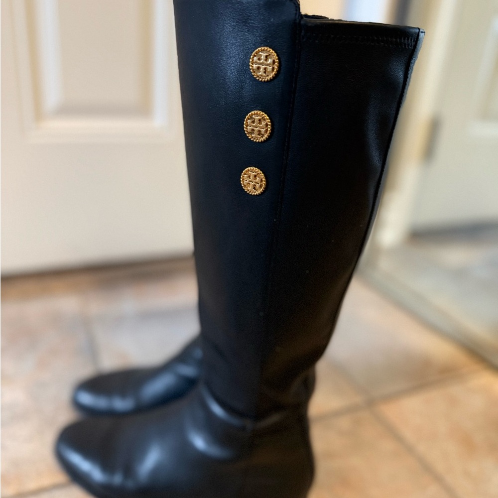 Tory Burch Black Leather Knee-High Heeled Boots with Gold Buttons - Picture 6 of 7
